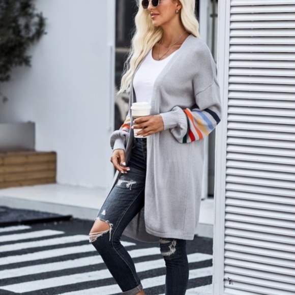 Multi-color striped sleeve fall knit long cardigan - Picture 3 of 4